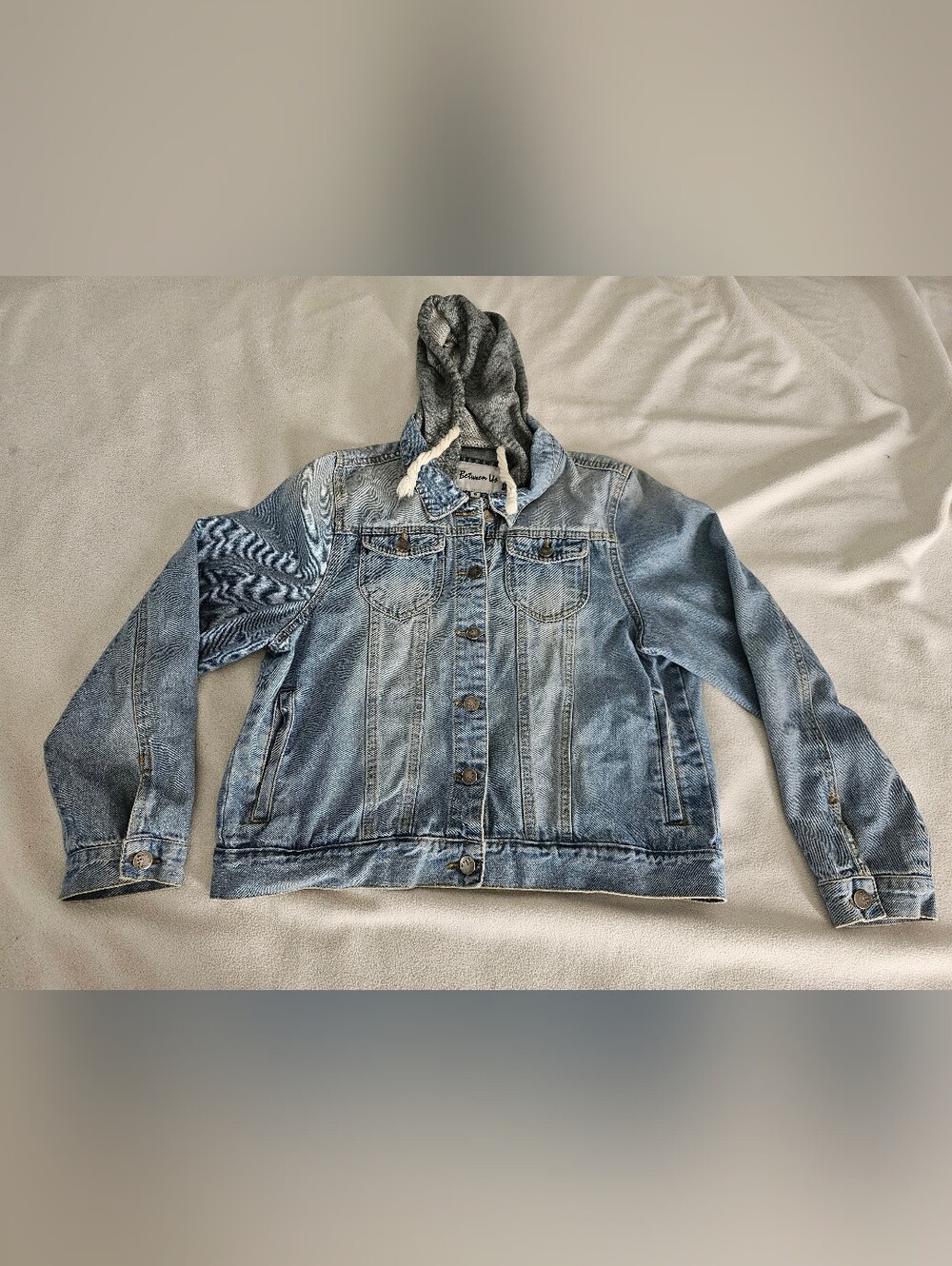 Between Us Hooded Denim Jacket Women 1X Medium Wash Jean Fleece Hood Pull